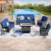 Mercury Gray 6-Piece Wicker Patio Rectangle Fire Pit Conversation Seating Set with Navy Blue Cushions