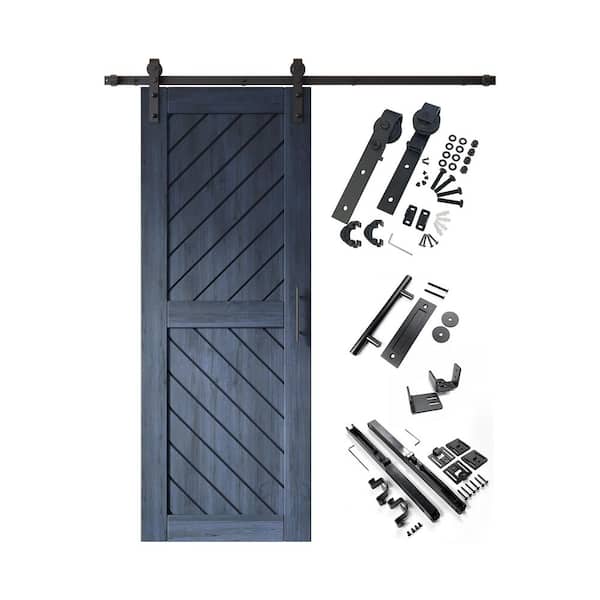 HOMACER XT3 30 in. x 80 in. C-Panel Navy Slanted Stripe Design Solid Pine Wood Sliding Barn Door with Hardware Kit