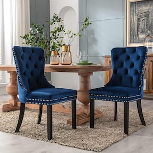 Dark Blue Velvet Upholstered Dining Chairs Accent Diner Chairs Stylish Kitchen Chairs with Wood Legs (Set of 2)
