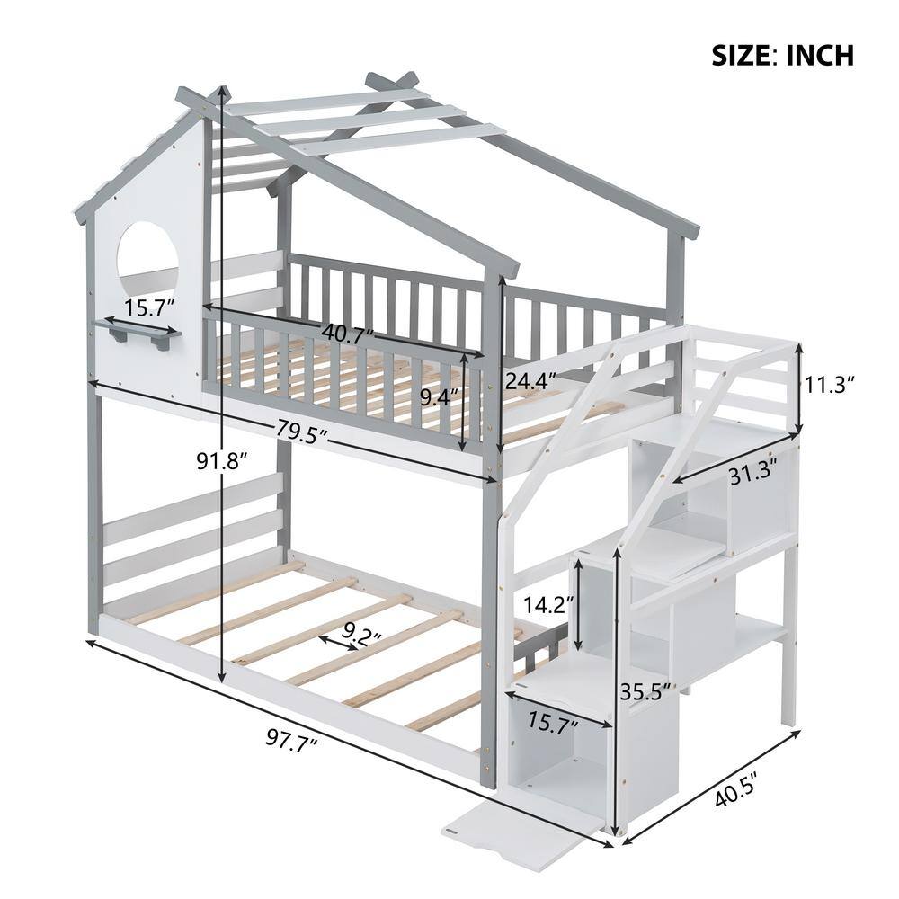 Harper & Bright Designs Gray Twin Wood House Bunk Bed with Storage Stairway - 2