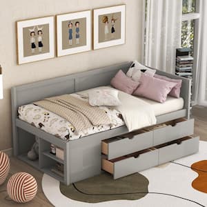 Gray Wood Frame Twin Size Daybed with Under-Bed Shelves, 4-Storage Drawers
