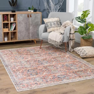 Urpi 9ft. X 12ft. Peach, Rose, Mustard, Aqua, Beige, Red  Floral Distressed Transitional Style Machine Washable Area Rug