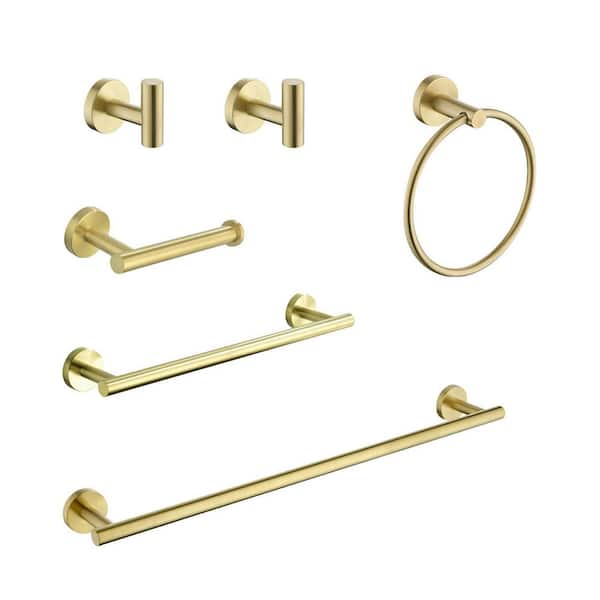 6-Piece Stainless Steel Bathroom Towel Rack Set with Mounting Hardware in Brushed Gold