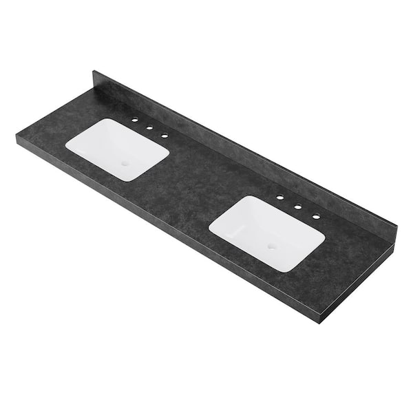 FAMYYT 72 in. W x 22 in. D Engineered Composite White Rectangular Double Sink Bathroom Vanity Top in Dark Gray With Backsplash