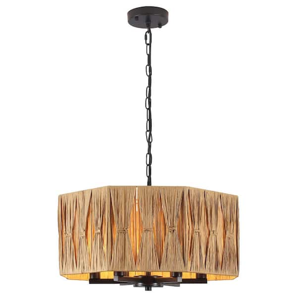 18.89 in. 6-Light Brown Octagon Pendant Design Chandelier with Natural Rattan Shade and No Bulbs Included For BedRoom