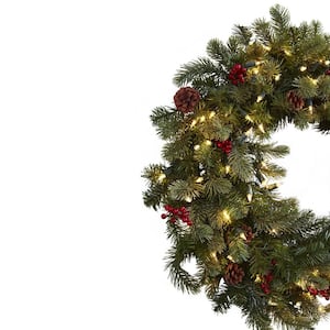 30 in. Lighted Pine Artificial Wreath with Berries and Pine Cones