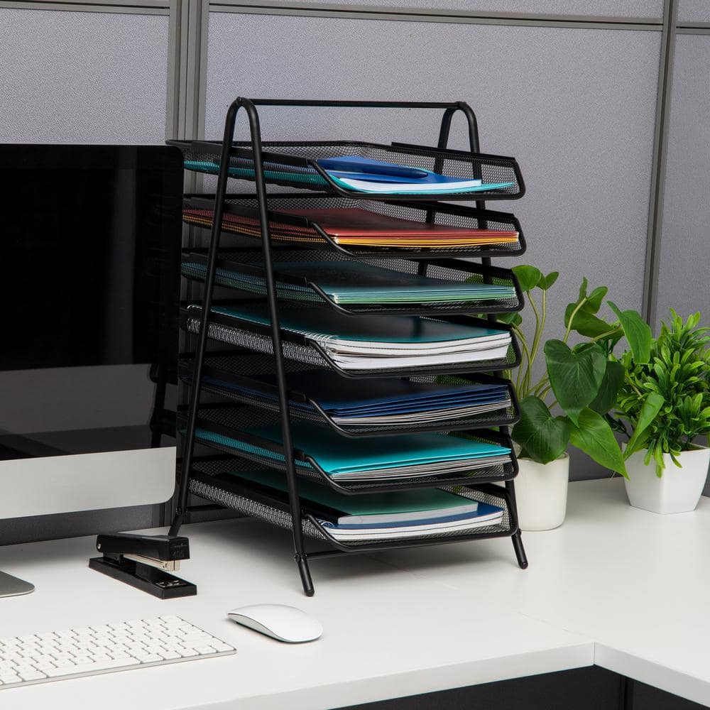Black Metal Mesh 7-Tier Letter Tray Organizer with Handle