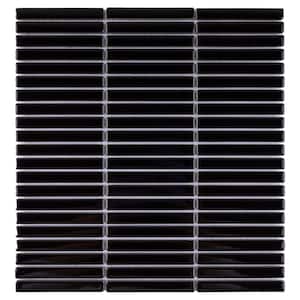 Porcetile Glossy Black 11.2 in. x 11.91 in. Stacked Porcelain Mosaic Wall and Floor Tile (9.3 sq. ft./Case)
