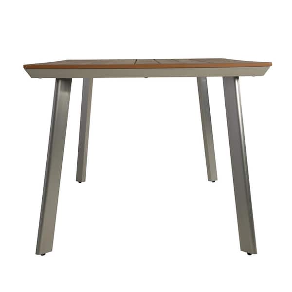 Silver Metal Wood Outdoor Dining Table with Natural Faux Wood Top