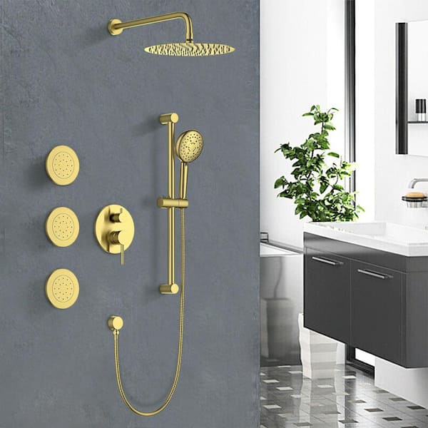 FORCLOVER 3-Spray Square High Pressure Deluxe Wall Bar Shower Kit with Slide Bar and 3-Body Spray in Gold