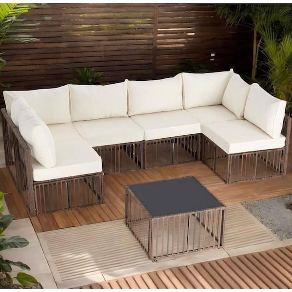7-Piece Brown Wicker Outdoor Sectional Set with Beige Cushions and 1-Coffee Table for Backyard Poolside Porch