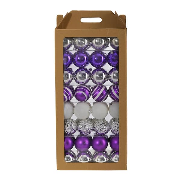 Holiday 3 in. Purple Shatterproof Christmas Tree Ornament Set with Re-Useable Box (64-Count)