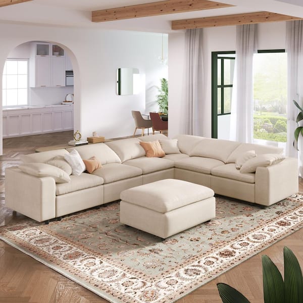 129.3 in. Square Arm 7-piece Modern Oversized Modular Polyester Sectional Sofa in Beige with 5-Pillows