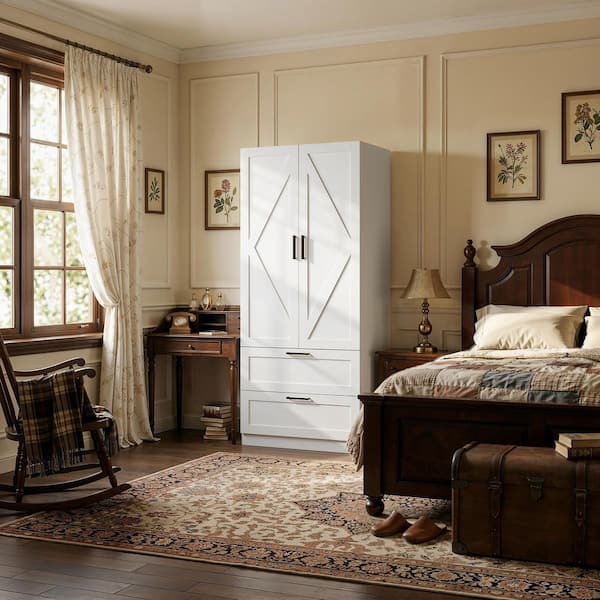 white armoire dresser VINGLI Wardrobe Closet with Doors and Drawers, Wardrobe Cabinet Closet for Bedroom Armoires, Armoire with Drawers it highlights the inherent beauty of wooden textures while guaranteeing endurance White Armoire with Separate 4