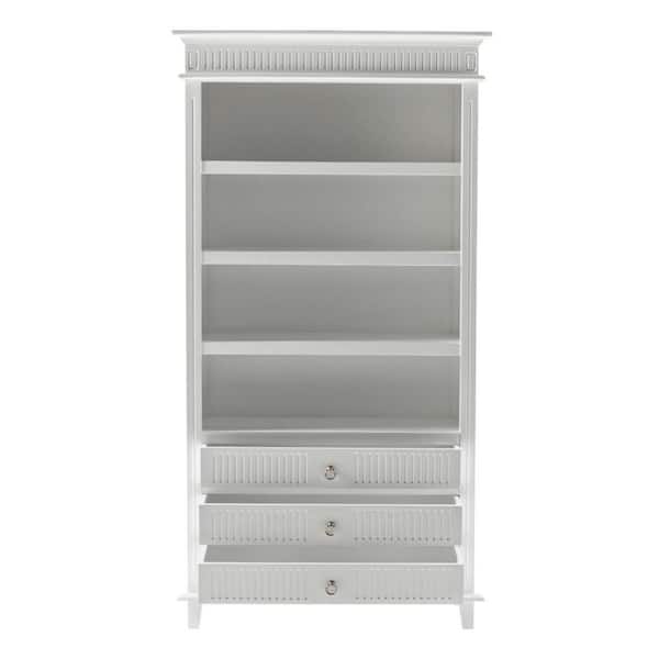 74.8 in. Tall Antiqued White Wood 4 Shelf Standard Bookcase with Drawers