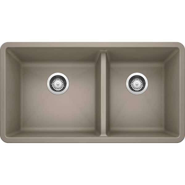 Blanco PRECIS Undermount Granite Composite 33 in. 60/40 Double Bowl Kitchen Sink in Truffle