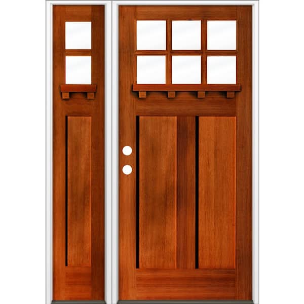 Krosswood Doors 50 in. x 80 in. Craftsman Right Hand 6-Lite Red Chestnut Stain Hemlock Prehung Front Door Left Sidelite