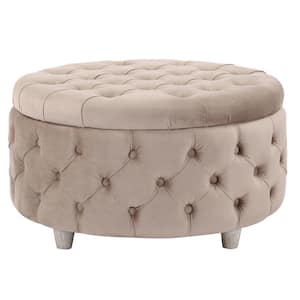 Highland 29.5 in. Taupe Wide Tufted Velvet Round Ottoman with Storage
