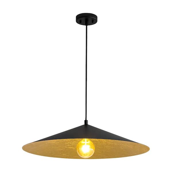 PCover 1-Light 25.6 in.W Black Pendant Light Industrial Kitchen Cone Barn Hanging Light with Gold Foil Accent