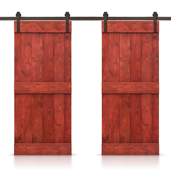 CALHOME Mid-Bar 40 in. x 84 in. Cherry Red Stained DIY Solid Pine Wood Interior Double Sliding Barn Door with Hardware Kit