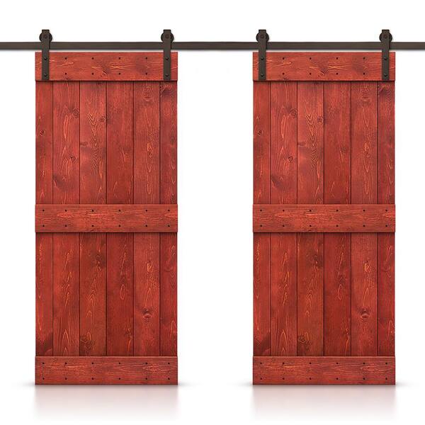 CALHOME Mid-Bar 68 in. x 84 in. Cherry Red Stained DIY Solid Pine Wood Interior Double Sliding Barn Door with Hardware Kit