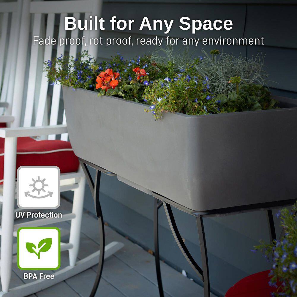 Graphite Polyethylene Rectangular Planter with Wrought Iron Stand