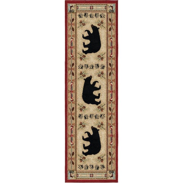 Hearthside Woodlands Bear Red 2 ft. x 8 ft. Lodge Area Rug