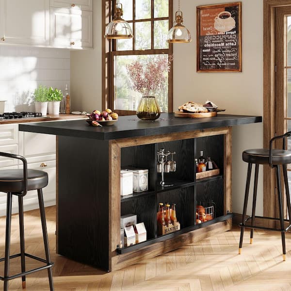 Keenyah Black&Brown 62.6"W Farmhouse Kitchen Island with 6 Open Shelves, Counter Height Kitchen Island with Footrests