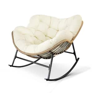 Oversized Beige PE Wicker Outdoor Rocking Chair Papasan Chair with Beige Cushion