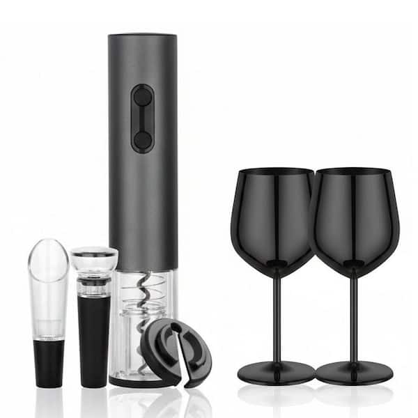 Rechargeable Black Electric Wine Opener Set with Stainless Steel Wine Glasses 2-Piece, Automatic Corkscrew