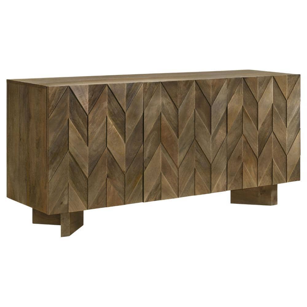 Benjara Mango Brown Wood 64 in. Sideboard Cabinet with Chevron Pattern ...