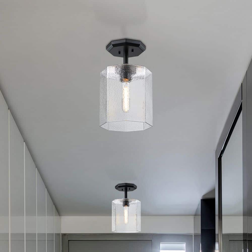 Haven 10 in. Matte Black Modern Semi-Flush Mount with Clear Rippled Glass Shade for Hallways price history on PriceWatchPro