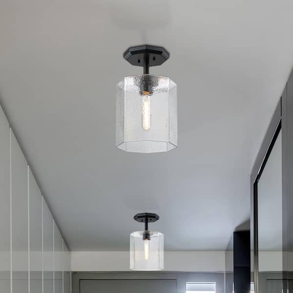 Designers Fountain Haven 10 in. Matte Black Modern Semi-Flush Mount with Clear Rippled Glass Shade for Hallways