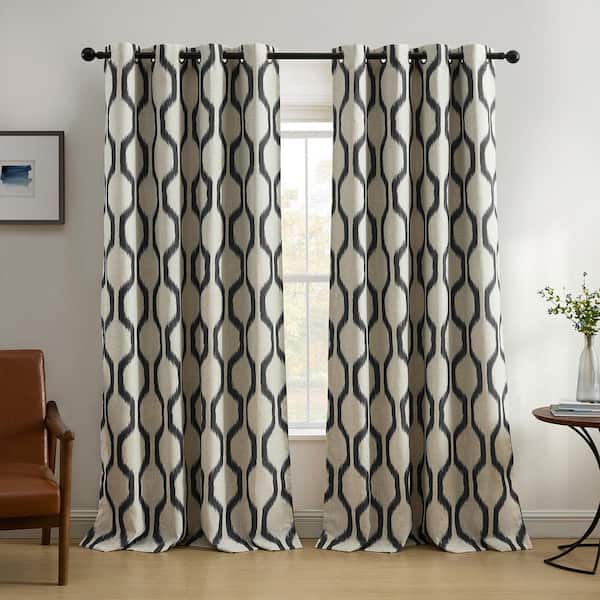 Elrene Renzo Black Geometric Ikat Poly-Linen 52(in)X95(in) Grommet Top Room Darkening Curtain Panel
