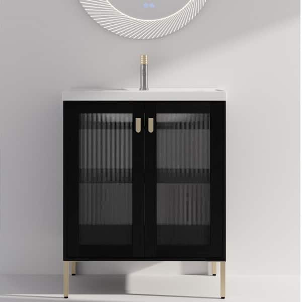 FAMYYT 28 in. W x 18.5 in. D x 34.8 in. H Single Sink Freestanding Bath Vanity in Black with White Ceramic Top and 4 Metal Feet