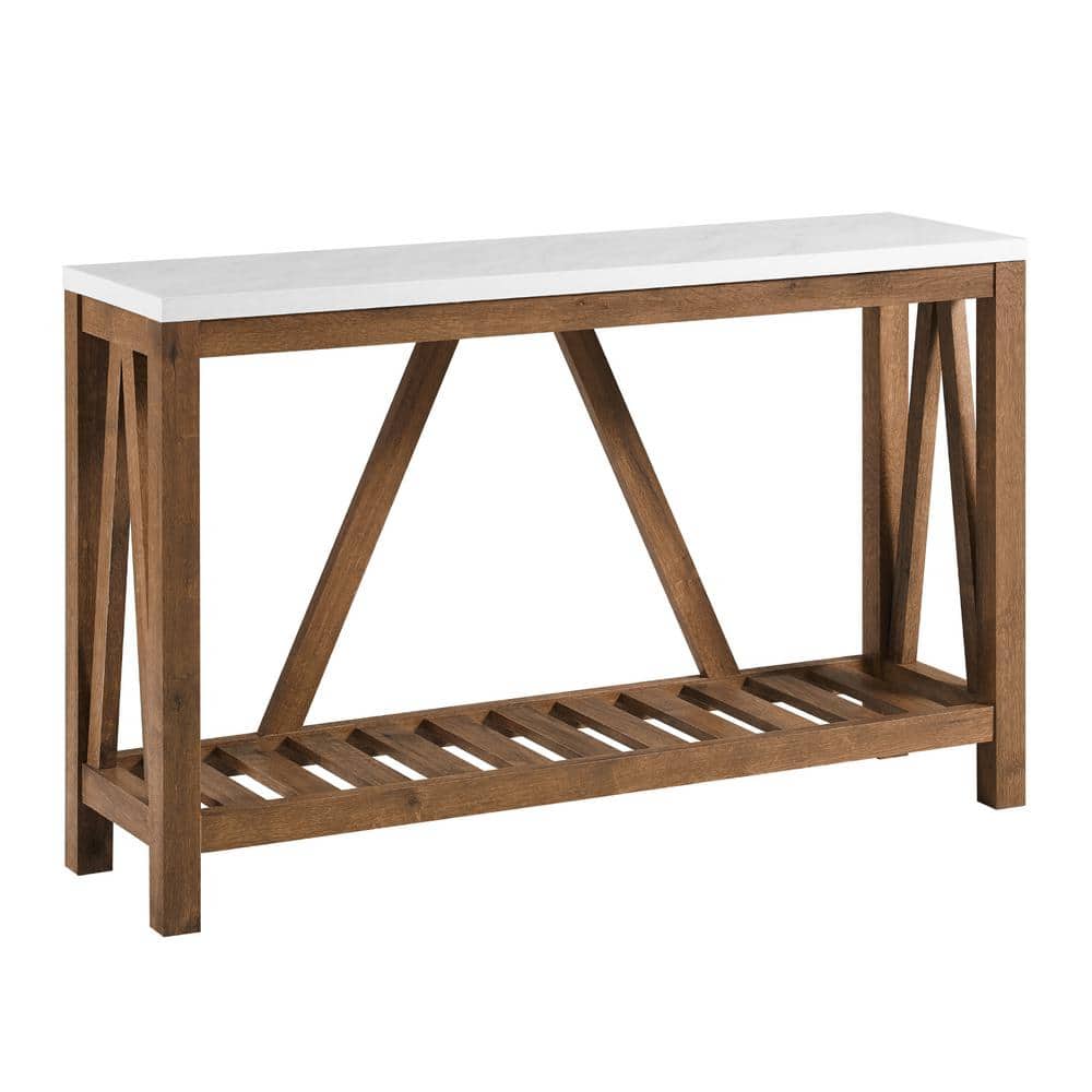 Farmhouse Charm 52" Walnut Wood Console Table with Marble Finish and Storage