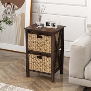 Walnut and Natural 22.5 in. H Storage Cabinet with 2 Seagrass Baskets Rubber Wood X-Shaped Frames 2-Drawers