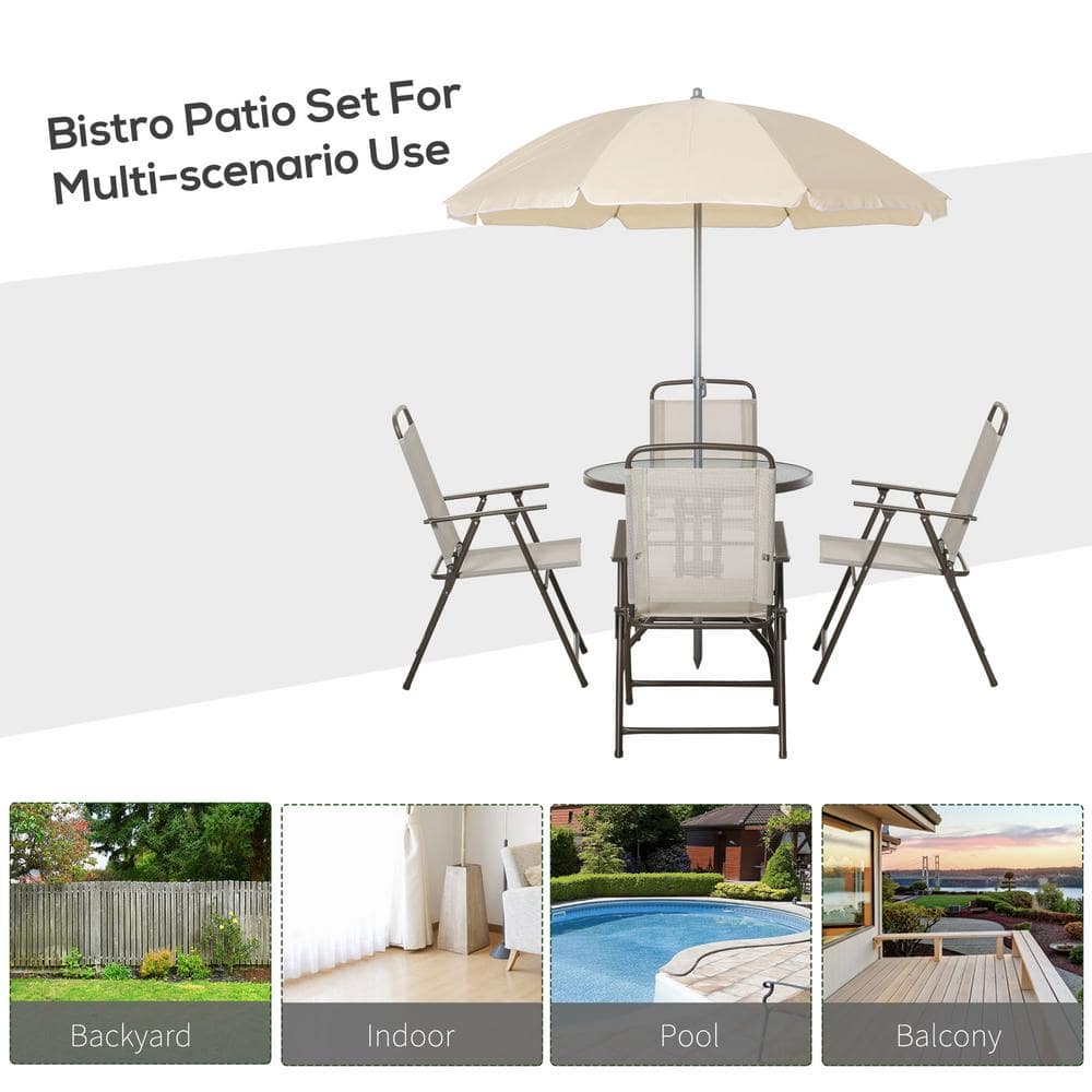 Beige 6-Piece Outdoor Dining Set with Umbrella and Folding Chairs