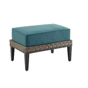 Prescott Brown Wicker Outdoor Ottoman with Mineral Blue Cushions
