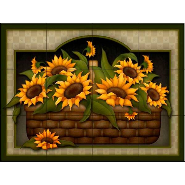 The Tile Mural Store Sunflower Basket 17 in. x 12-3/4 in. Ceramic Mural Wall Tile