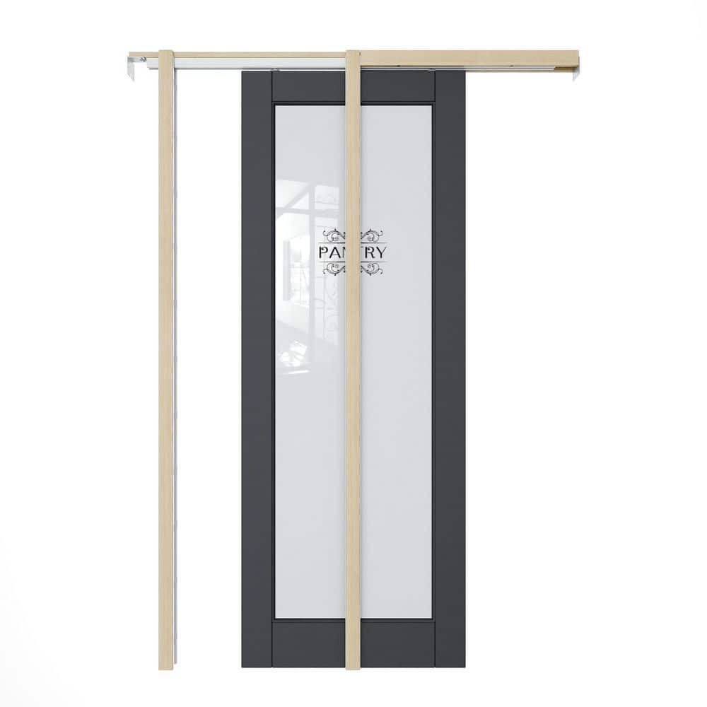 28 in. x 80 in. 1-Lite Frosted Glass Black Primed Wood Pocket Door with Hardware(Soft Close and Pantry Sticker-B Incl) price history on PriceWatchPro
