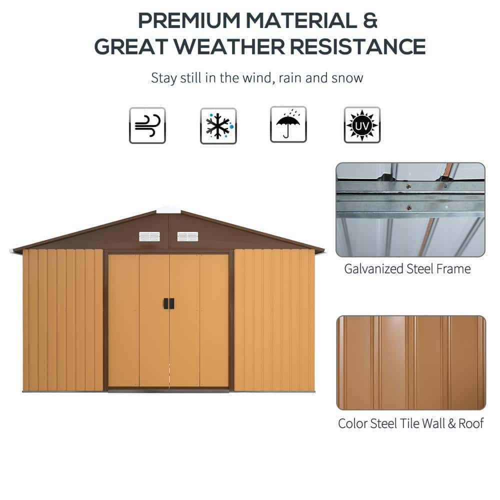 Large Brown and Yellow Metal Storage Shed with Windows