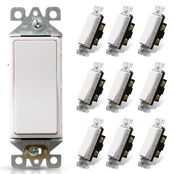 ELEGRP Decor 15 Amp 120-Volt Single Pole Rocker AC Quiet Light Switch, White (10-Pack)