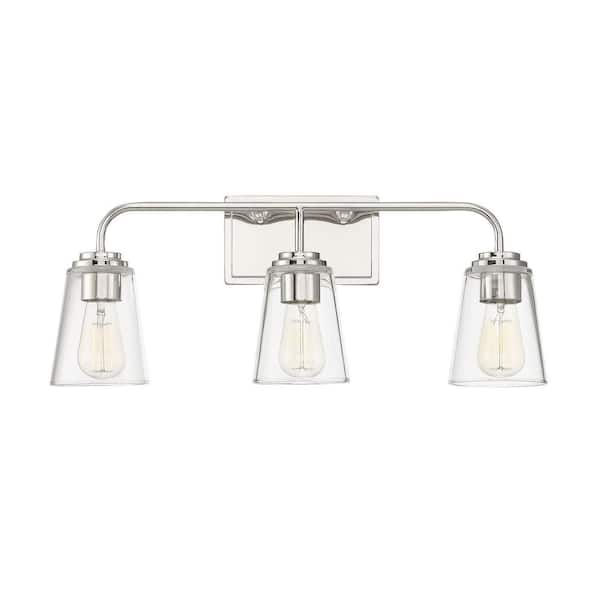 Savoy House 24 in. W x 9.75 in. H 3-Light Polished Nickel Bathroom Vanity Light with Clear Glass Shades