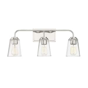 24 in. W x 9.75 in. H 3-Light Polished Nickel Bathroom Vanity Light with Clear Glass Shades