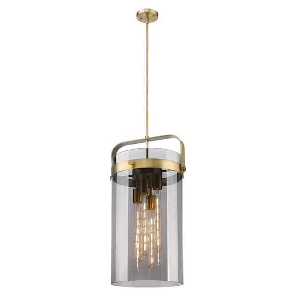 Pilaster 25-Watt 4-Light Brushed Brass Shaded Pendant Light Tinted Glass Shade