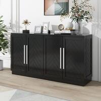 Black Wood 60 in. W Sideboard with Adjustable Shelves and Silver Handles, Large Storage Space Buffet Cabinet