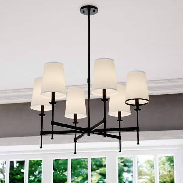 VAXCEL Camden 6-Light Matte Black Chandelier Fixture White Fabric Linen Shade, LED Compatible