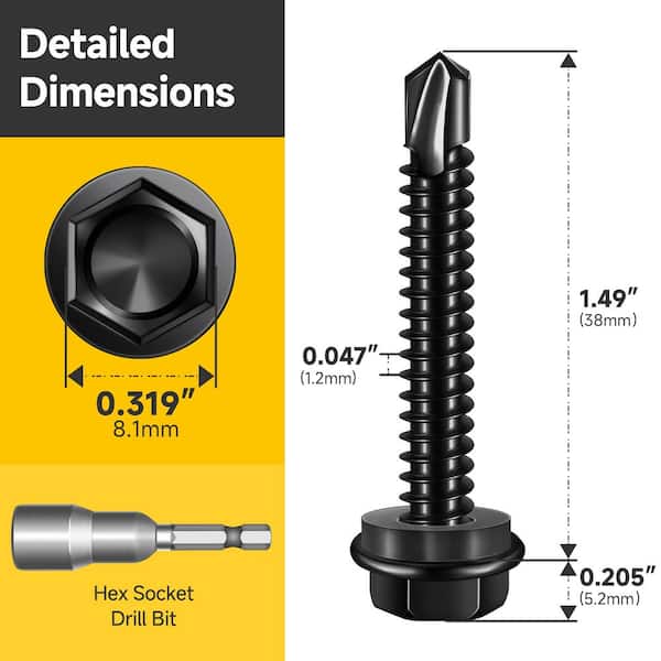 #12 x 1-1/2 in. Black Oxide 410 Stainless Steel Hex Washer Head Self Drilling Sheet Metal Screws (50-Pack)