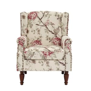 Retro Beige and Pink Floral Pattern Linen Nailhead Trim Upholstered High Back Accent Arm Chair With Wood Legs(Set of 1)